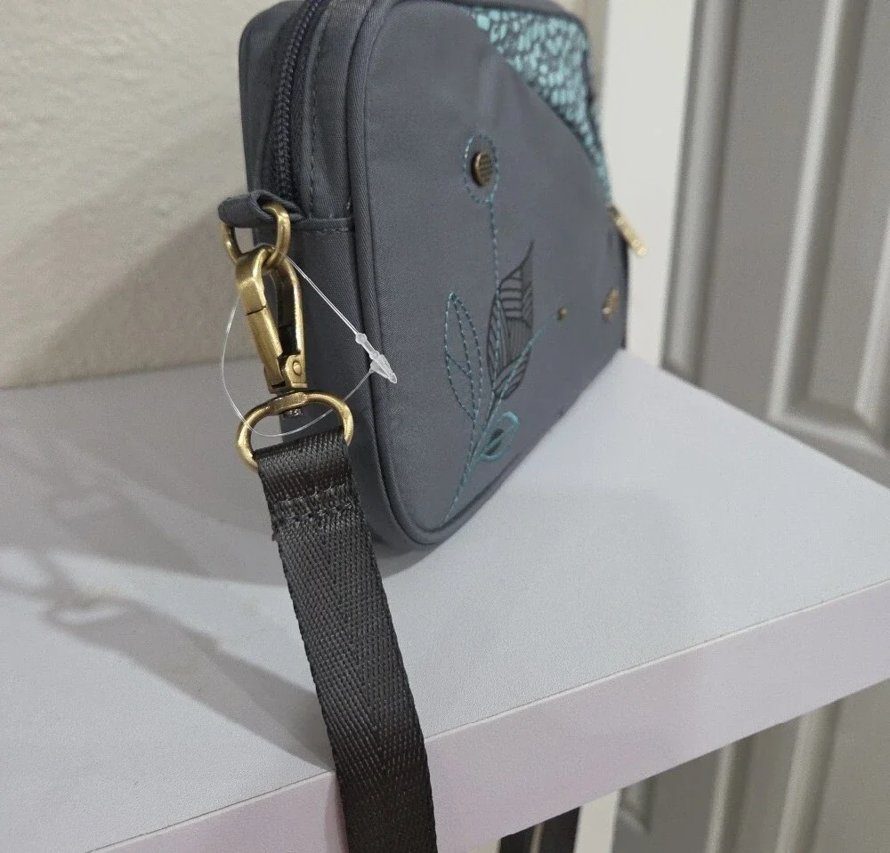 Chala Venture Gray & Teal Leaf Accent Crossbody Bag With Dragonfly